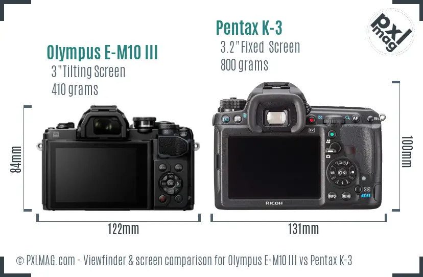 Olympus E-M10 III vs Pentax K-3 Screen and Viewfinder comparison