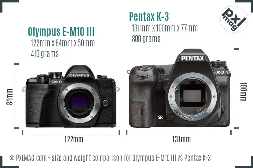 Olympus E-M10 III vs Pentax K-3 size comparison