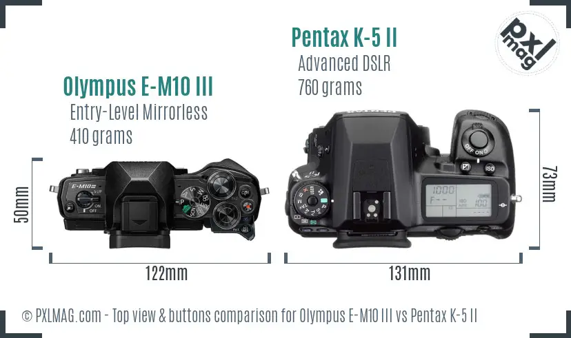 Olympus E-M10 III vs Pentax K-5 II top view buttons comparison