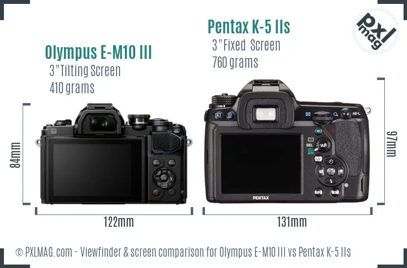 Olympus E-M10 III vs Pentax K-5 IIs Screen and Viewfinder comparison
