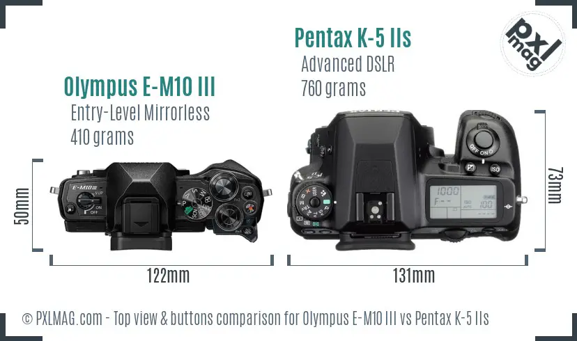 Olympus E-M10 III vs Pentax K-5 IIs top view buttons comparison