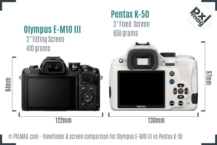 Olympus E-M10 III vs Pentax K-50 Screen and Viewfinder comparison