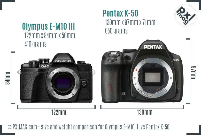 Olympus E-M10 III vs Pentax K-50 size comparison