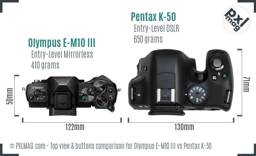Olympus E-M10 III vs Pentax K-50 top view buttons comparison