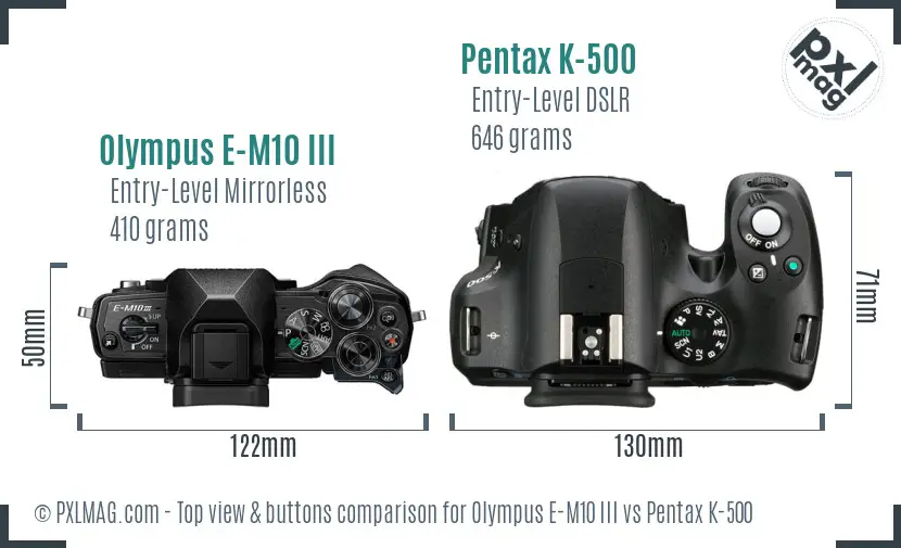 Olympus E-M10 III vs Pentax K-500 top view buttons comparison