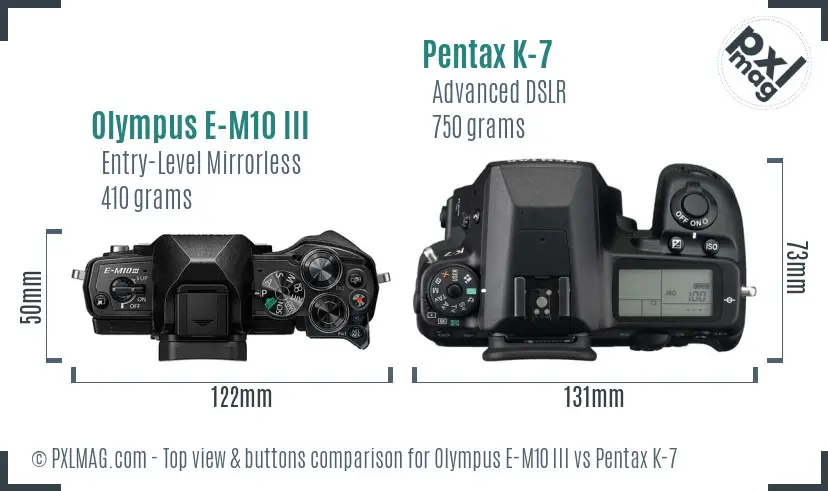 Olympus E-M10 III vs Pentax K-7 top view buttons comparison