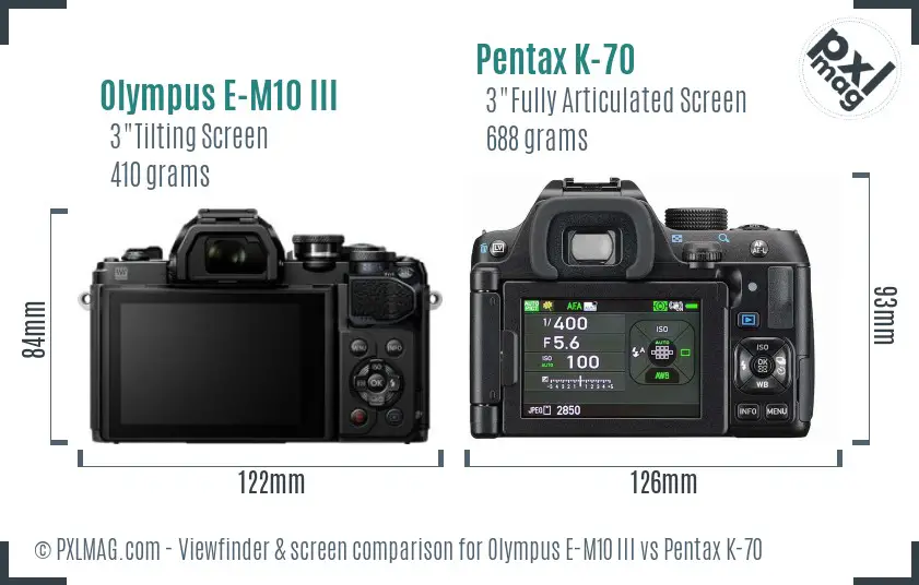 Olympus E-M10 III vs Pentax K-70 Screen and Viewfinder comparison