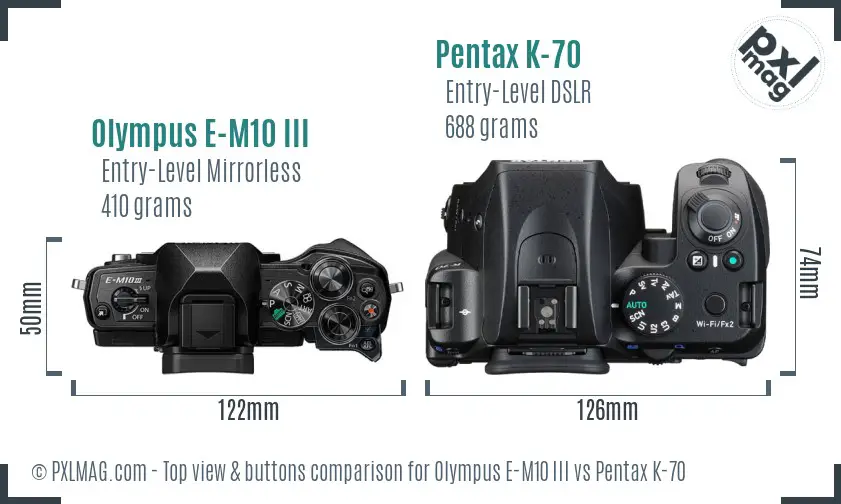 Olympus E-M10 III vs Pentax K-70 top view buttons comparison