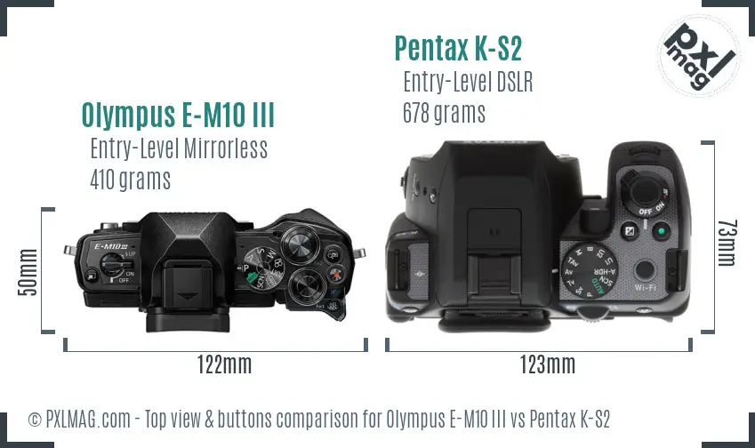 Olympus E-M10 III vs Pentax K-S2 top view buttons comparison