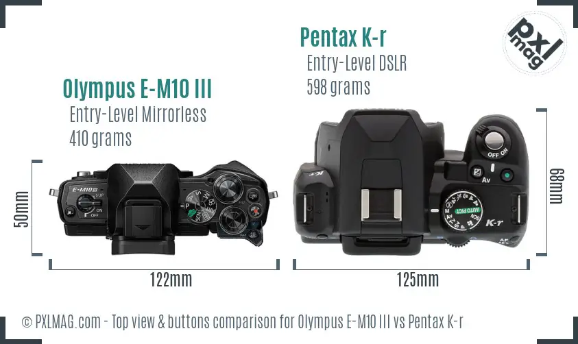 Olympus E-M10 III vs Pentax K-r top view buttons comparison
