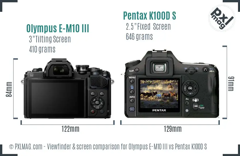 Olympus E-M10 III vs Pentax K100D S Screen and Viewfinder comparison