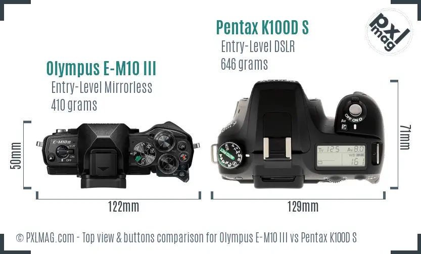 Olympus E-M10 III vs Pentax K100D S top view buttons comparison