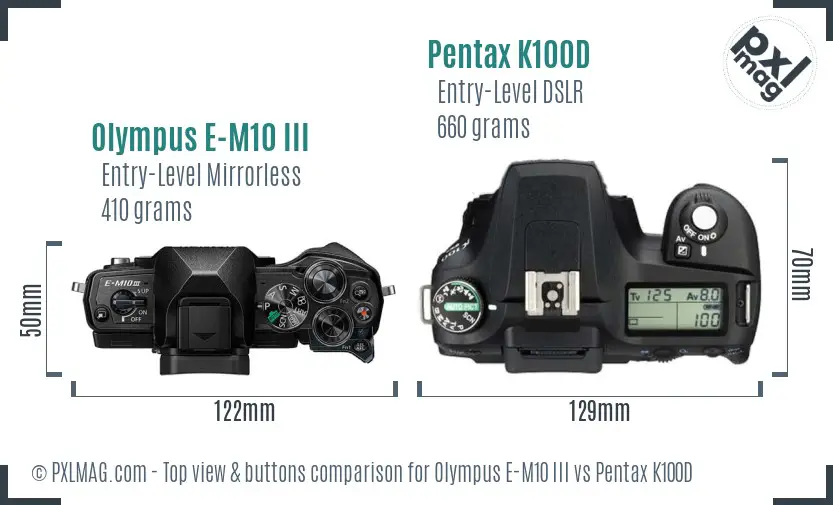 Olympus E-M10 III vs Pentax K100D top view buttons comparison