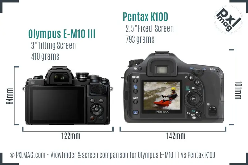 Olympus E-M10 III vs Pentax K10D Screen and Viewfinder comparison