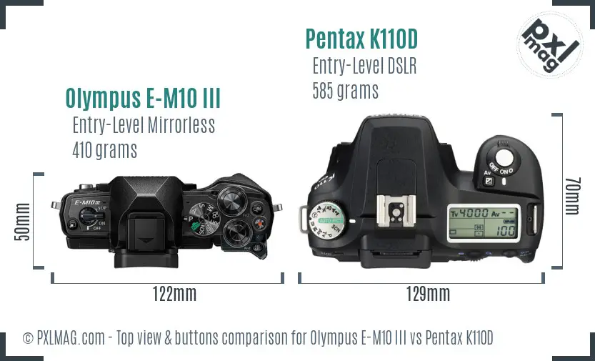 Olympus E-M10 III vs Pentax K110D top view buttons comparison