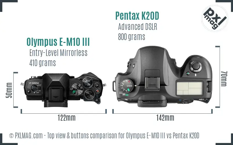 Olympus E-M10 III vs Pentax K20D top view buttons comparison