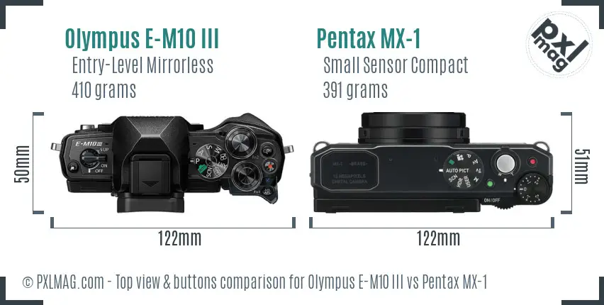 Olympus E-M10 III vs Pentax MX-1 top view buttons comparison
