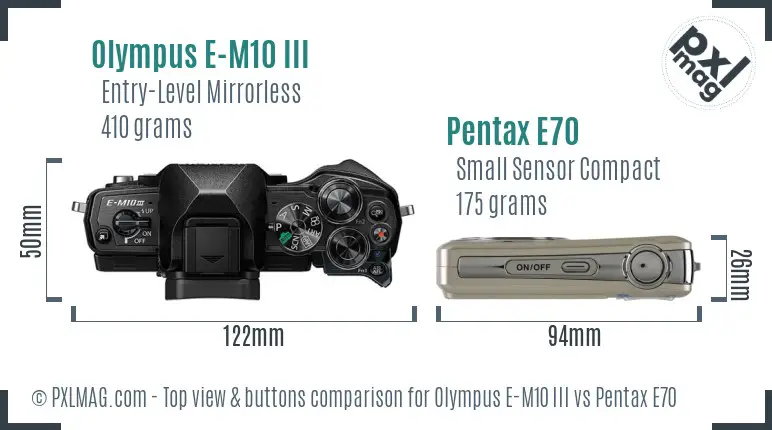 Olympus E-M10 III vs Pentax E70 top view buttons comparison