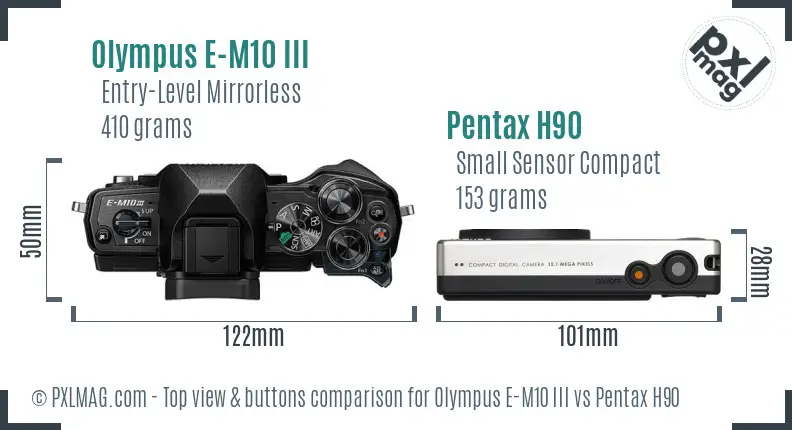 Olympus E-M10 III vs Pentax H90 top view buttons comparison