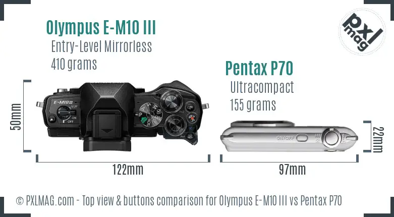 Olympus E-M10 III vs Pentax P70 top view buttons comparison
