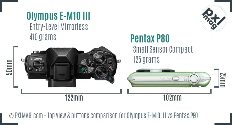 Olympus E-M10 III vs Pentax P80 top view buttons comparison