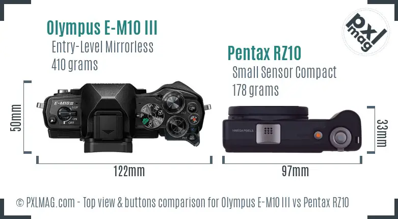 Olympus E-M10 III vs Pentax RZ10 top view buttons comparison