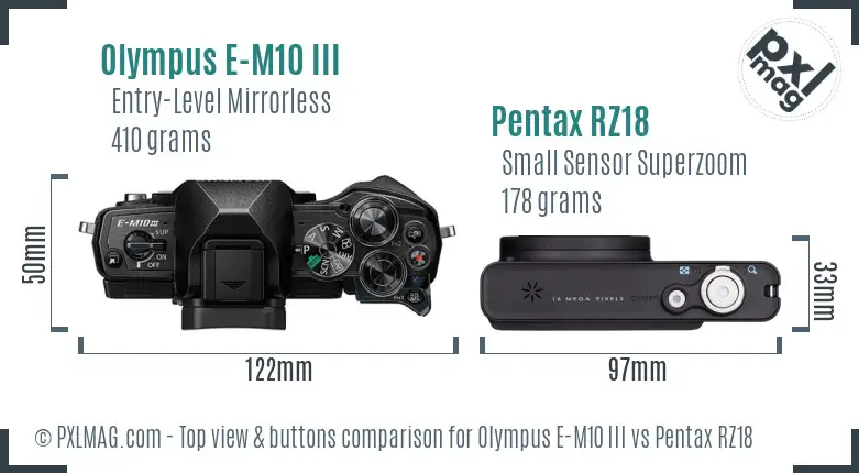 Olympus E-M10 III vs Pentax RZ18 top view buttons comparison