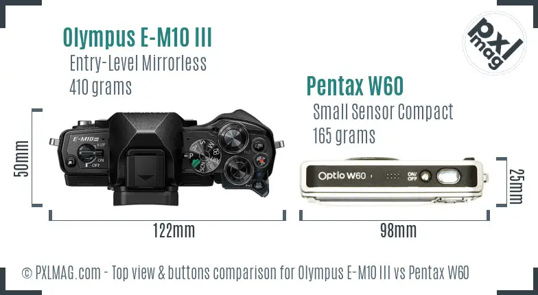 Olympus E-M10 III vs Pentax W60 top view buttons comparison