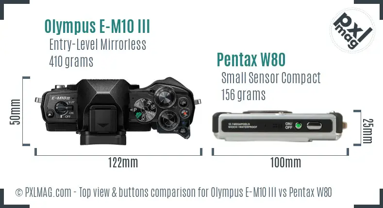 Olympus E-M10 III vs Pentax W80 top view buttons comparison
