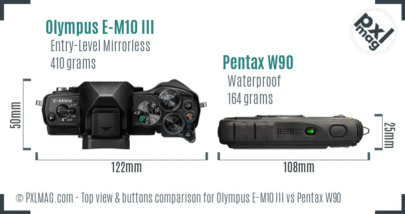 Olympus E-M10 III vs Pentax W90 top view buttons comparison