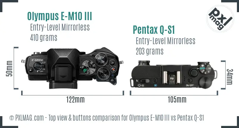Olympus E-M10 III vs Pentax Q-S1 top view buttons comparison