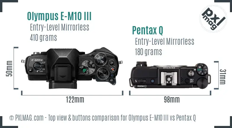 Olympus E-M10 III vs Pentax Q top view buttons comparison