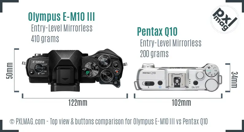 Olympus E-M10 III vs Pentax Q10 top view buttons comparison