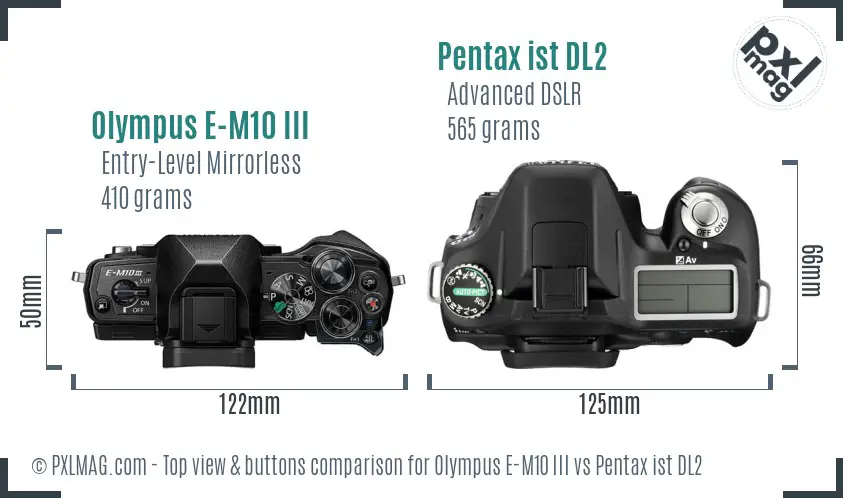 Olympus E-M10 III vs Pentax ist DL2 top view buttons comparison