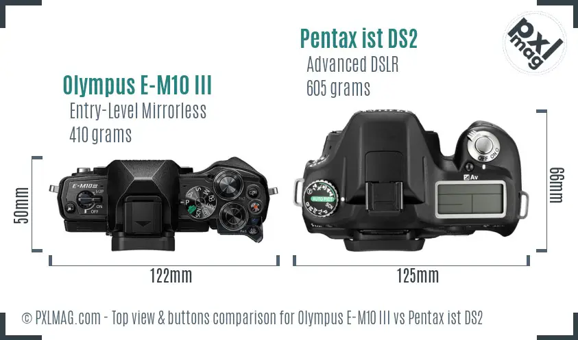 Olympus E-M10 III vs Pentax ist DS2 top view buttons comparison