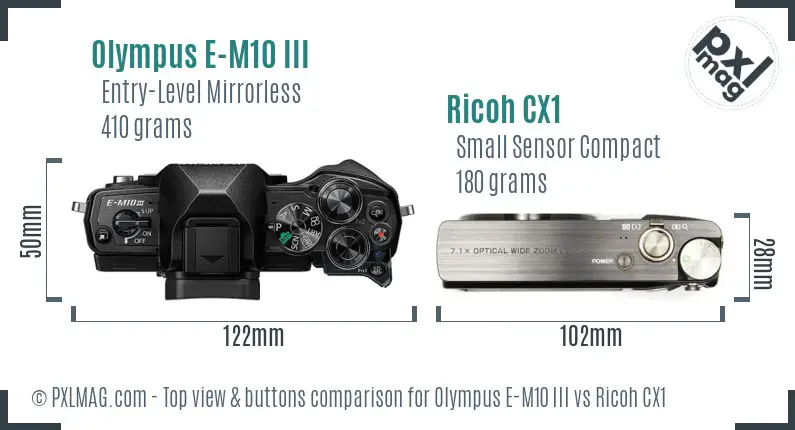 Olympus E-M10 III vs Ricoh CX1 top view buttons comparison