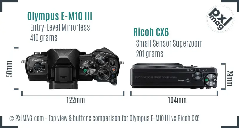 Olympus E-M10 III vs Ricoh CX6 top view buttons comparison