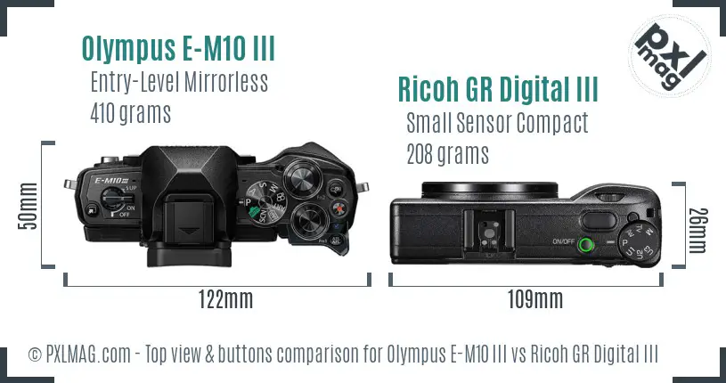 Olympus E-M10 III vs Ricoh GR Digital III top view buttons comparison