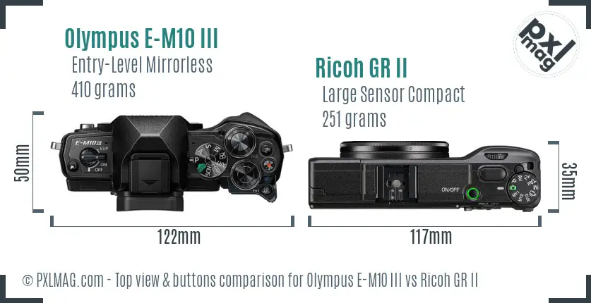 Olympus E-M10 III vs Ricoh GR II top view buttons comparison