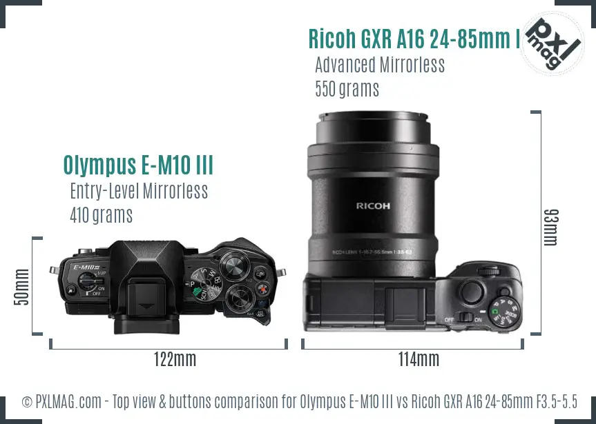 Olympus E-M10 III vs Ricoh GXR A16 24-85mm F3.5-5.5 top view buttons comparison Olympus E-M10 III vs Ricoh GXR A16 24-85mm F3.5-5.5 top view buttons comparison