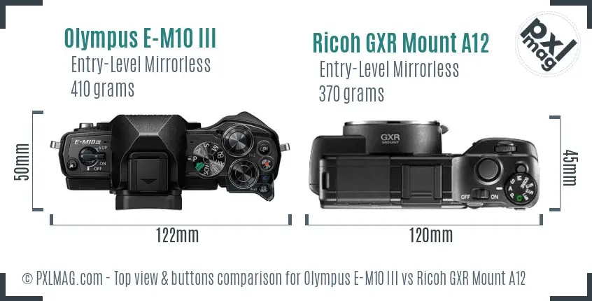 Olympus E-M10 III vs Ricoh GXR Mount A12 top view buttons comparison Olympus E-M10 III vs Ricoh GXR Mount A12 top view buttons comparison