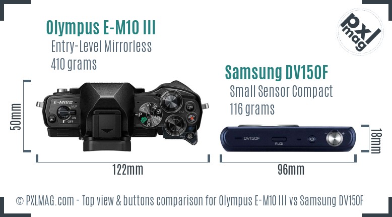Olympus E-M10 III vs Samsung DV150F top view buttons comparison