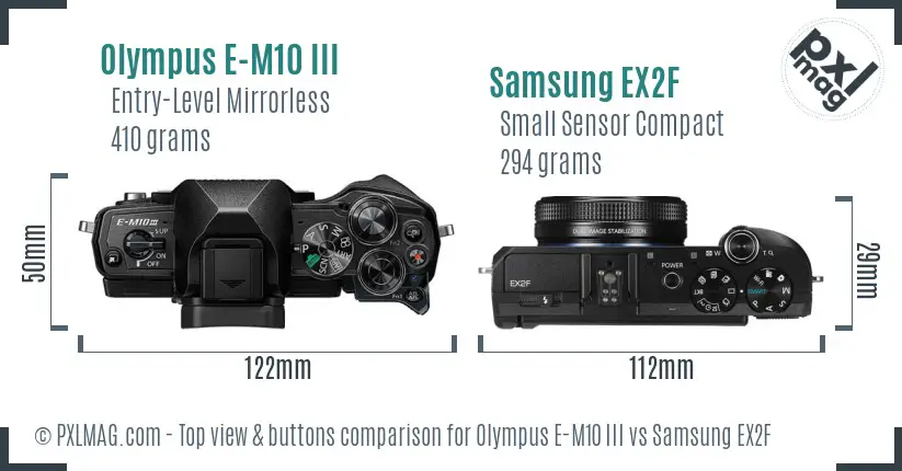 Olympus E-M10 III vs Samsung EX2F top view buttons comparison