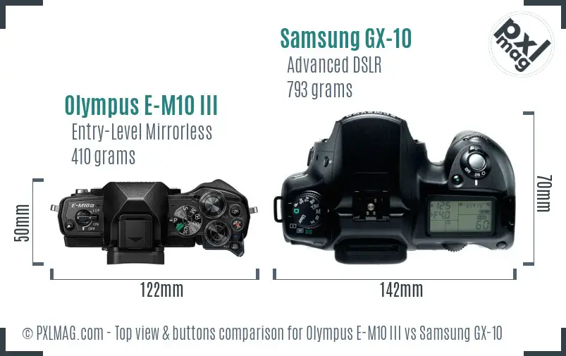 Olympus E-M10 III vs Samsung GX-10 top view buttons comparison