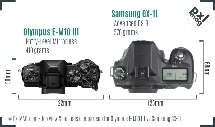 Olympus E-M10 III vs Samsung GX-1L top view buttons comparison Olympus E-M10 III vs Samsung GX-1L top view buttons comparison