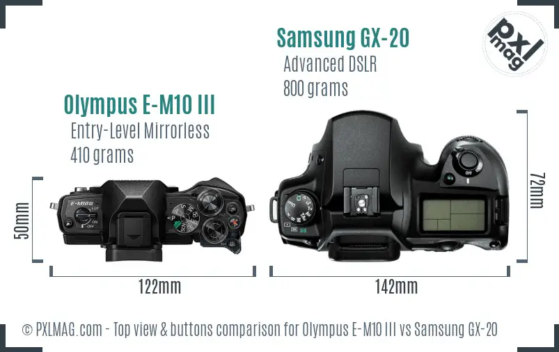Olympus E-M10 III vs Samsung GX-20 top view buttons comparison Olympus E-M10 III vs Samsung GX-20 top view buttons comparison