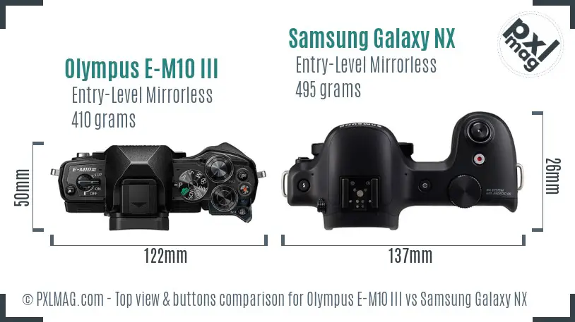 Olympus E-M10 III vs Samsung Galaxy NX top view buttons comparison