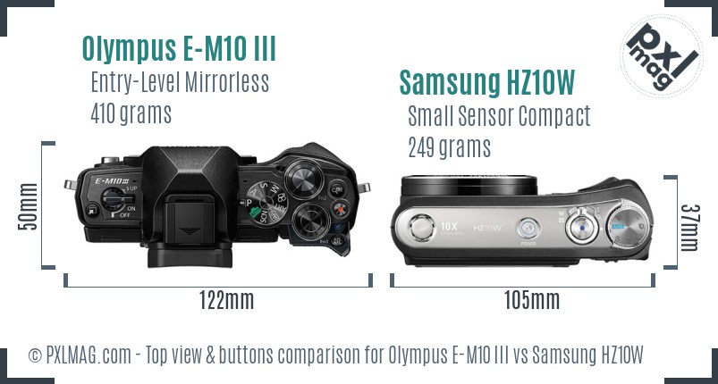 Olympus E-M10 III vs Samsung HZ10W top view buttons comparison