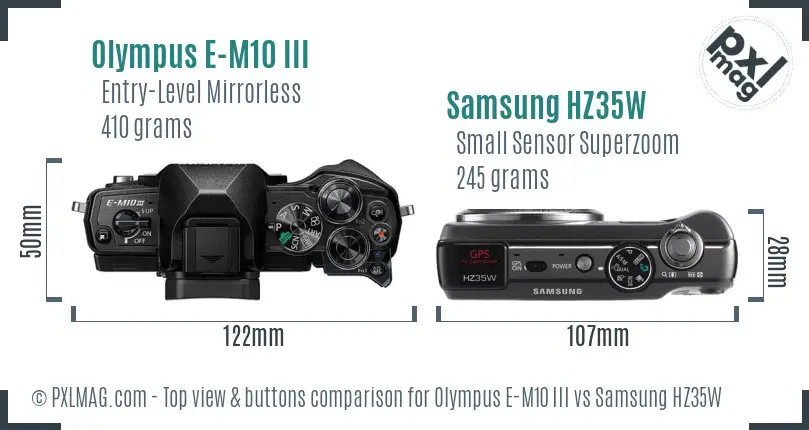 Olympus E-M10 III vs Samsung HZ35W top view buttons comparison Olympus E-M10 III vs Samsung HZ35W top view buttons comparison