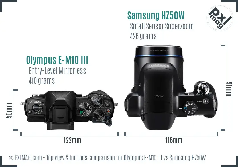 Olympus E-M10 III vs Samsung HZ50W top view buttons comparison Olympus E-M10 III vs Samsung HZ50W top view buttons comparison